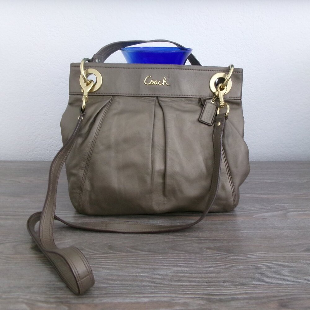Coach Ashley Metallic Taupe Leather Purse Shoulder / Carry Handle Bag Brown Grey
